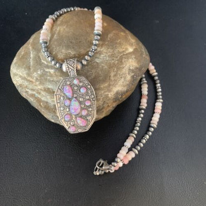 Navajo Pink Opal Beads Necklace with Multi-Stone Mother of Pearl Pendant | Sterling Silver | 13442