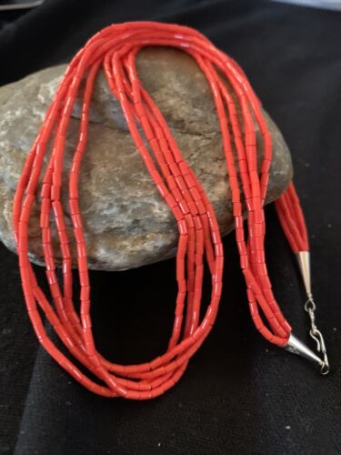 Red Stabilized Coral Heishi Necklace | 5-Strands | Sterling Silver | 20" | Authentic Native American Handmade | 00761