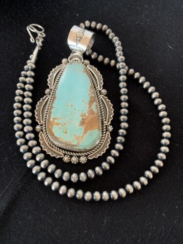 Men's Navajo Pearls Necklace with Blue Royston Turquoise Pendant | Sterling Silver | Native American | 335