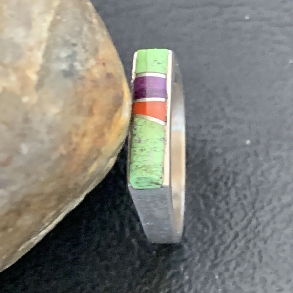 Navajo Green Gaspiete Sugilite Red Coral Inlay Ring | Sz 5 | Authentic Native American Handmade | 10997