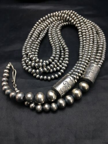 Navajo Pearls 5mm Sterling Silver Necklace | 6-Strand Pendant 30.5" | Native American | 93630