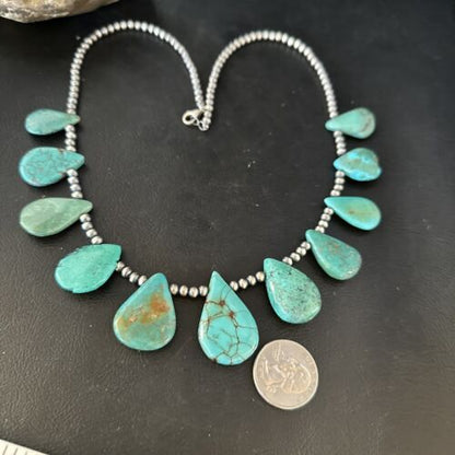 Navajo Teardrop Blue Turquoise Necklace | Sterling Silver Pearls | Authentic Native American Handmade | 14389