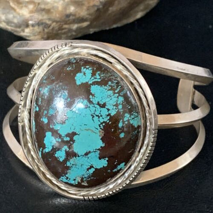 Native American Navajo Blue Turquoise Cuff Bracelet | Sterling Silver | Authentic Handmade | 14115
