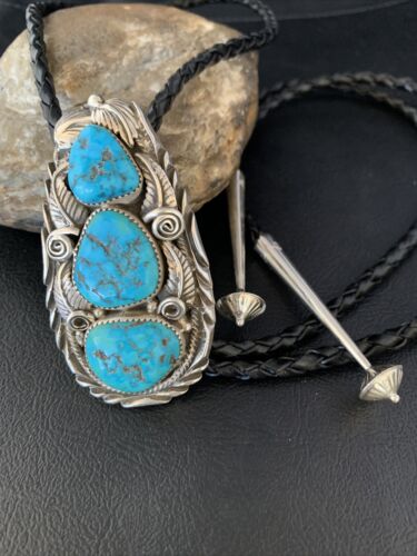 Ultra Rare Navajo Men's Bolo Tie | Blue Kingman Turquoise | Sterling Silver | Native American Handmade | 13668