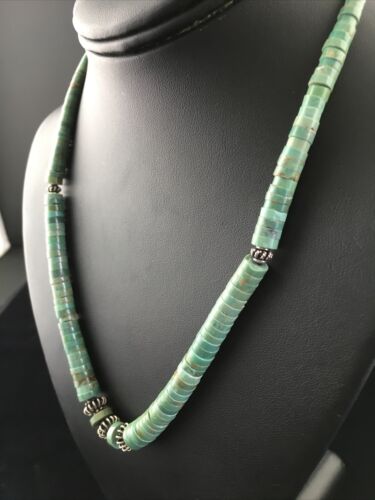 Navajo Green Turquoise Heishi Necklace | Sterling Silver | 22" | Graduated 10051