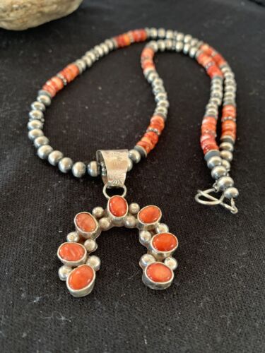 Navajo Red Spiny Oyster Naja Pendant | Sterling Silver Pearls | Authentic Native American Handmade | 140