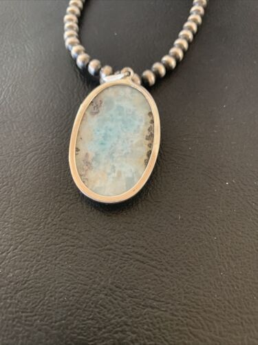 Navajo Blue Larimar Pendant Beads Necklace | Sterling Silver | Authentic Native American Handmade | 1763 - Masha USA