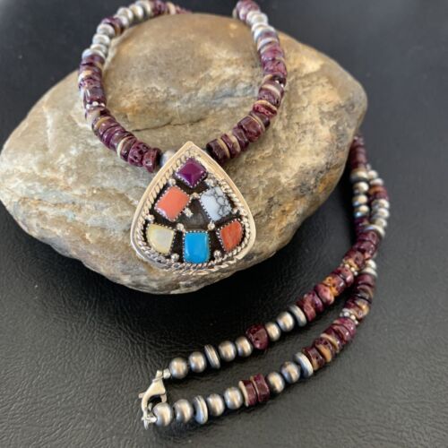 Navajo Multi-Color Multi-Stone Pendant | Authentic Native American Sterling Silver | Purple Spiny Oyster Necklace | 12356