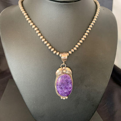 Navajo Pearls Necklace with Purple Sugilite Pendant | Sterling Silver | Authentic Native American Handmade | 10911