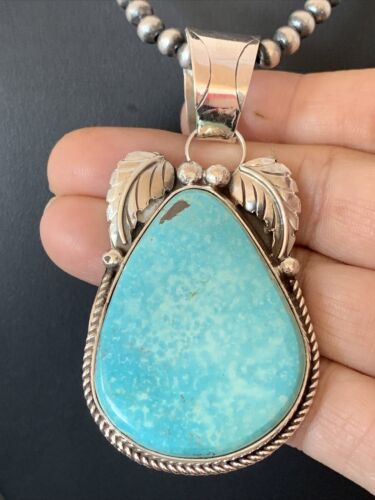 Blue Kingman Turquoise Pendant | Sterling Silver Navajo Pearls Men's Necklace 21" | 808