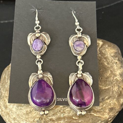 Navajo Purple Sugilite Dangle Earrings | Sterling Silver | 2" | Authentic Native American Handmade | 14401