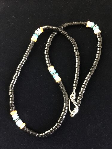 Navajo Black Onyx Turquoise Necklace | Sterling Silver | 18" | Authentic Native American Handmade | 10001