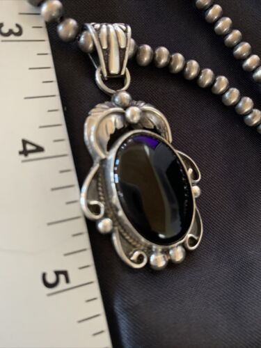 Native American Men's Navajo Pearls Necklace Pendant | Sterling Silver Black Onyx | 13091