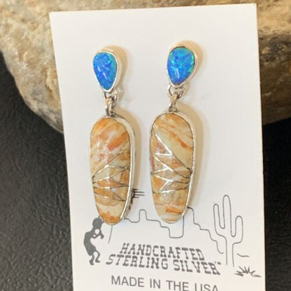 Navajo Snake Swirl Earrings | Orange Spiny Oyster Opal Inlay | Sterling Silver | Native American Handmade | 12022