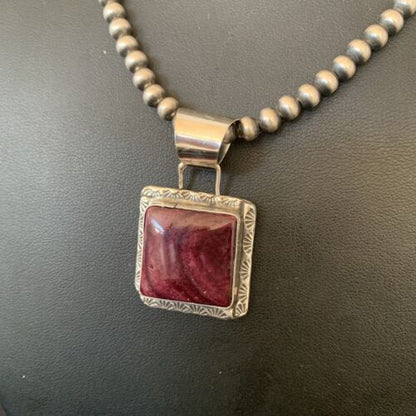 Navajo Pear Purple Spiny Oyster Pendant Necklace | Sterling Silver | Authentic Native American Handmade | 10951