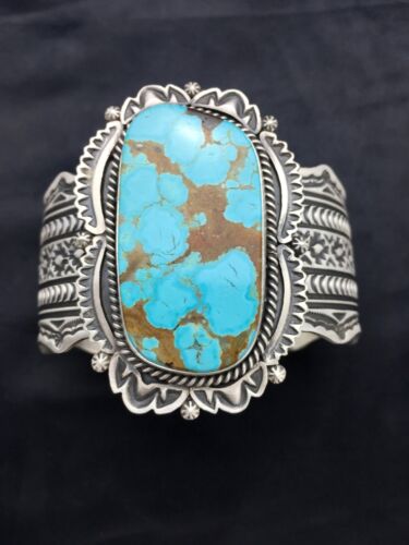 Navajo Men's Turquoise #8 Cuff Bracelet | Sterling Silver | Authentic Native American Handmade | 13646