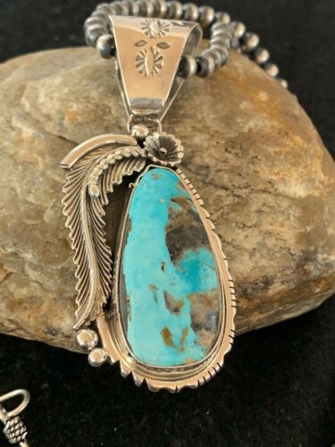 Men's Kingman Turquoise Pendant | Navajo Pearls Sterling Silver Necklace | Authentic Native American Handmade | 4301