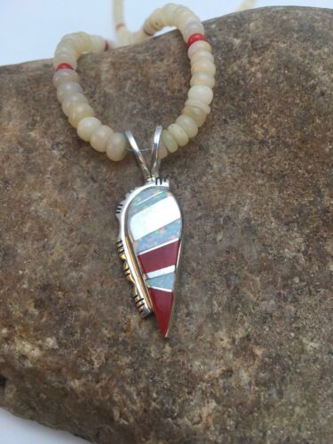 Native American Opal & Coral Beads Inlay Necklace | Sterling Silver | 8911