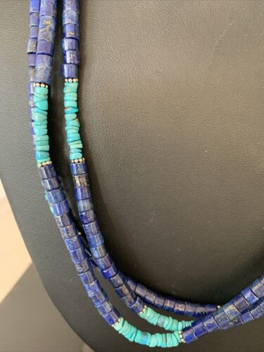Navajo Lapis & Turquoise 3 Strand Necklace | Sterling Silver | 21" | Authentic Native American Handmade | 01011