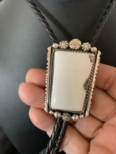 Men's Bolo Tie | White Buffalo Turquoise | Sterling Silver | Navajo | Authentic Native American Handmade | 12906