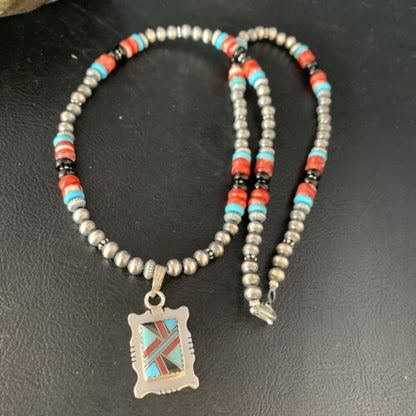 Navajo Multi-Color Turquoise Onyx Inlay Pendant Necklace | Sterling Silver | Authentic Native American Handmade | 13559