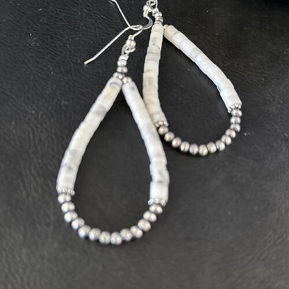 Navajo White Howlite Heishi Dangle Earrings | Sterling Silver | 2" | Authentic Native American Handmade | 14480