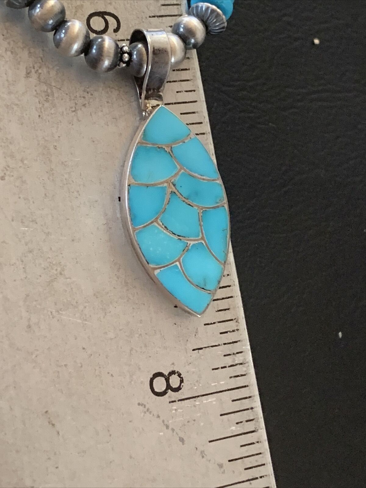 Zuni Blue Turquoise Necklace with Inlay Pendant | Sterling Silver | Authentic Native American Handmade | 02092