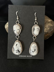 Navajo White Buffalo Turquoise Dangle Earrings | Sterling Silver | 2" | Authentic Native American Handmade | 14714