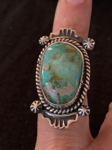 Native American Green Turquoise Ring | Navajo Sterling Silver | Sz 8 | 4139