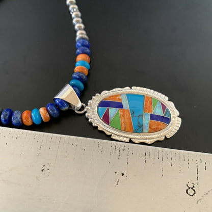 Navajo Spiny Oyster Turquoise Pendant Necklace | Sterling Silver | 21" | Authentic Native American Handmade | 11363 - Masha USA