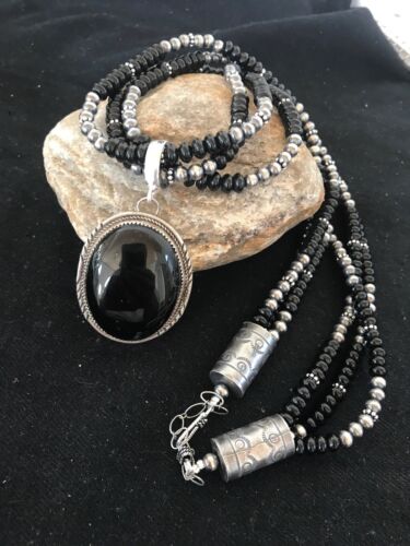 Navajo Pearls Black Onyx Pendant Necklace | Sterling Silver | 3 Strand| 23" | 8143