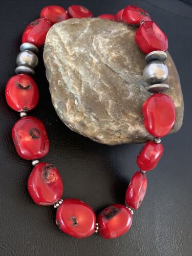 Navajo Red Coral Bead Necklace | Sterling Silver | Graduated | Authentic Native American | 21" | 13199