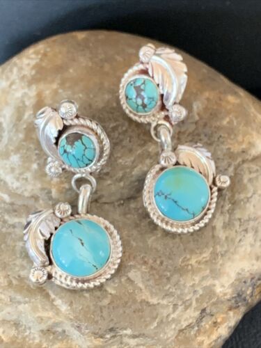 Handmade Navajo Spiderweb Turquoise Dangle Earrings | Sterling Silver Post | Authentic Native American | 1483
