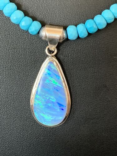 Navajo Blue Turquoise Necklace with Opal Pendant | Sterling Silver | Authentic Native American Handmade | 566