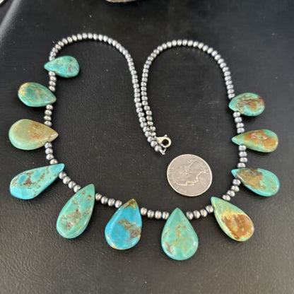 Southwestern Navajo Pearls Necklace | Sterling Silver | Blue Turquoise Teardrop | 14300
