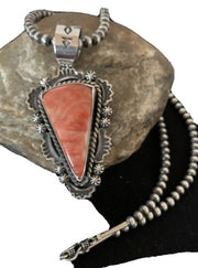 Navajo Red Spiny Oyster Pendant with Sterling Silver Pearls Necklace | Authentic Native American Handmade | 01657