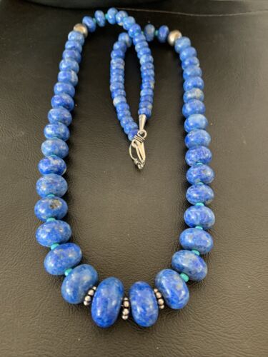 Graduated Blue Denim Lapis Turquoise Necklace | Navajo Sterling Silver | Authentic Native American | 28"