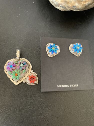 Zuni Multi-Color Opal & Mother of Pearl Necklace Pendant Earrings Set | Sterling Silver | Authentic Native American Handmade | 12560