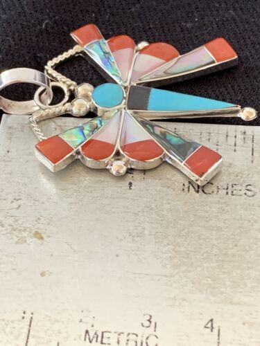 Zuni Turquoise Coral Mother of Pearl Butterfly Necklace Pin Pendant | Inlay | Sterling Silver Inlay | 1369