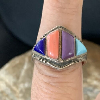 Navajo Multi-Color Turquoise Sugilite Coral Lapis Inlay Ring | Sterling Silver | Sz 9 | 12396