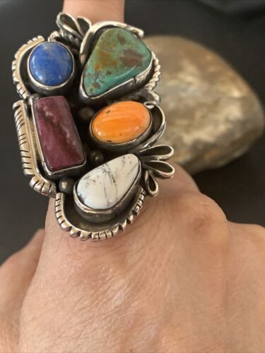 Navajo White Buffalo Spiny Oyster Lapis Multi-Stone Ring | Authentic Native American Sterling Silver | Sz 10.5 | 11568