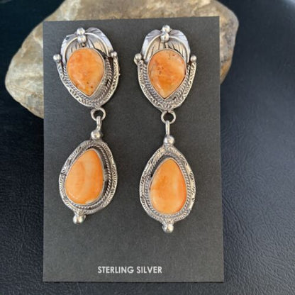 Navajo Orange Spiny Oyster Dangle Earrings | Sterling Silver | Authentic Native American Handmade | 13819
