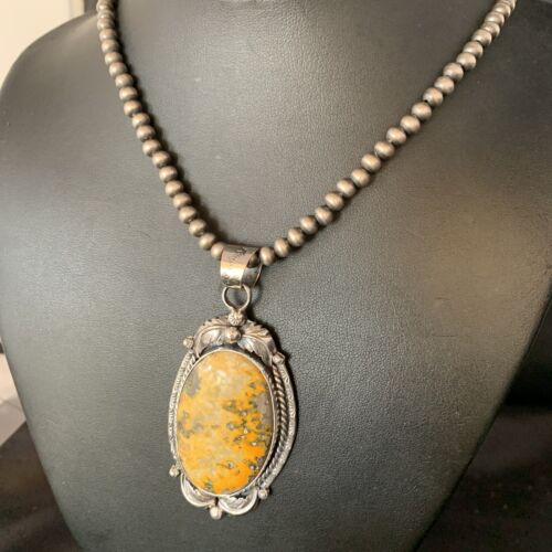 Navajo Bumblebee Jasper Pendant Necklace | Sterling Silver | Authentic Native American Handmade | 14202