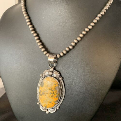 Navajo Bumblebee Jasper Pendant Necklace | Sterling Silver | Authentic Native American Handmade | 14202