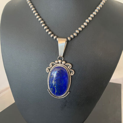 Native American Men's Navajo Pearls Necklace Pendant | Sterling Silver Blue Lapis | 1538