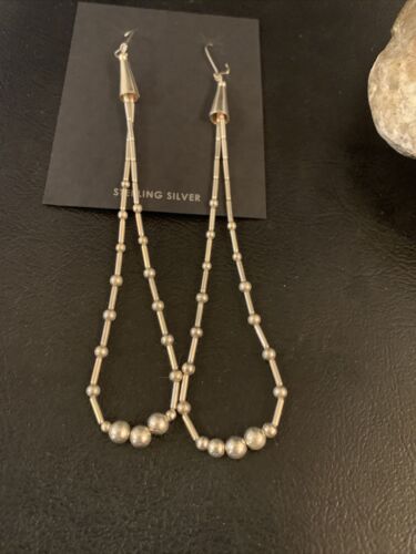 Navajo XL Liquid Heishi Sterling Silver Pearls Beads Earrings | 4" | Authentic Native American Handmade | 13034