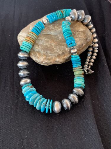 Navajo Blue Green Turquoise Beads Necklace | Sterling Silver | Authentic Native American Handmade | 22" | 4697 - Masha USA
