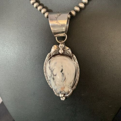 White Buffalo Turquoise Pendant Necklace | Sterling Silver | Navajo | Authentic Native American Handmade | 13991