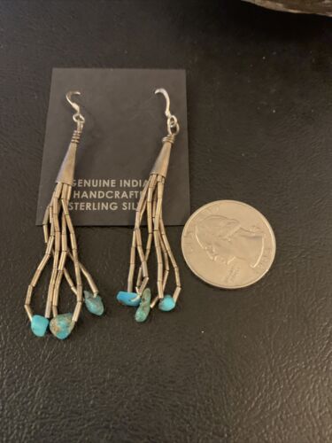 Old Pawn Liquid Silver Heishi Dangle Earrings | Turquoise Sterling | 2" | 13035