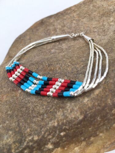 Multi-Color Turquoise Coral Liquid Heishi Bracelet | Sterling Silver | 7" | Authentic Native American Handmade | 13595